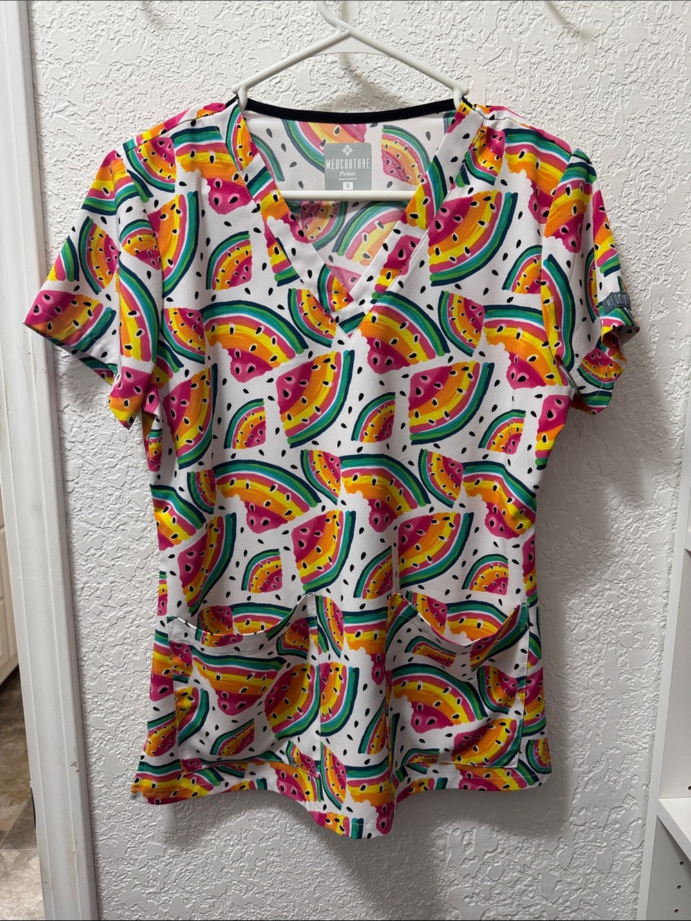Med Couture White Watermelon-Print V-Neck Scrub Top with Pink & Green Accents